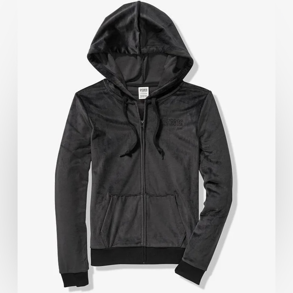 PINK Victoria's Secret Black Velour Zip Hoodie